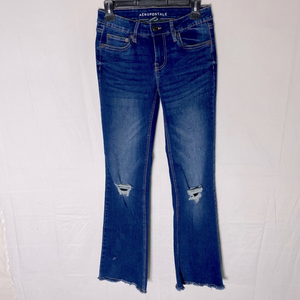 Vintage Y2K Aeropostale Blue Distressed Med Wash Low Rise Flare Leg Jeans 2